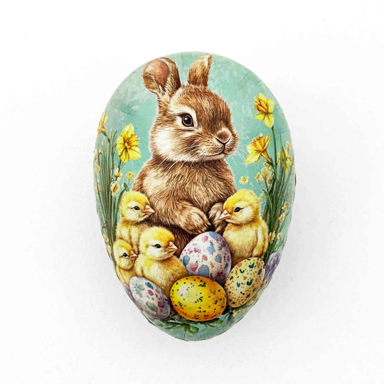 3-1/2" Aqua Bunny with Chicks Papier Mache Easter Egg Container ~ Germany